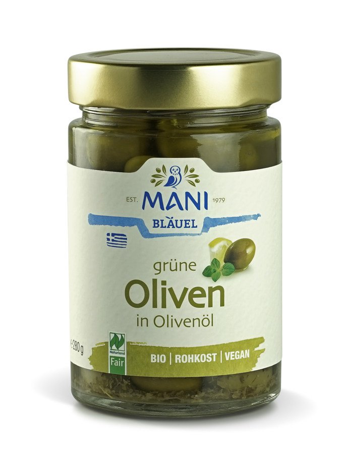 Bio Grüne Oliven in Olivenöl, 280g Glas