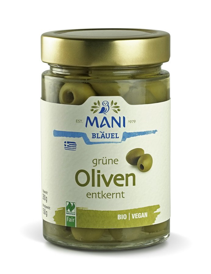 Bio Grüne Oliven in Lake, entkernt, 150g Glas