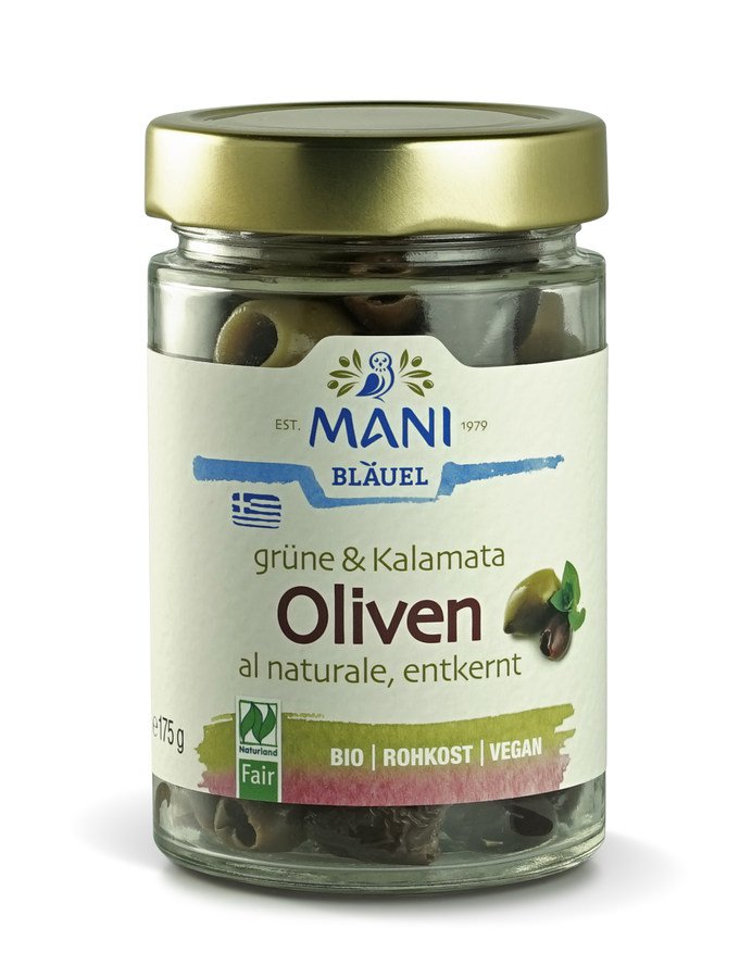 Bio Grüne und Kalamata Oliven, al naturale, entkernt, 175g Glas
