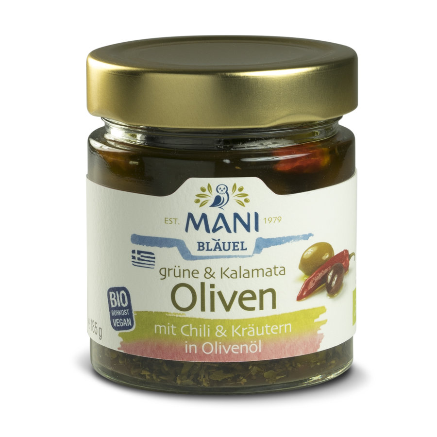 Bio Grüne und Kalamata Oliven, mit Chili und Kräutern in Olivenöl, 185g Glas