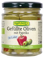 Bio Oliven grün, gefüllt mit Paprika in Lake 190g